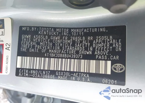 2011 Toyota Avalon Limited z USA, uszkodzony, nr VIN 4T1BK3DB8BU439373
